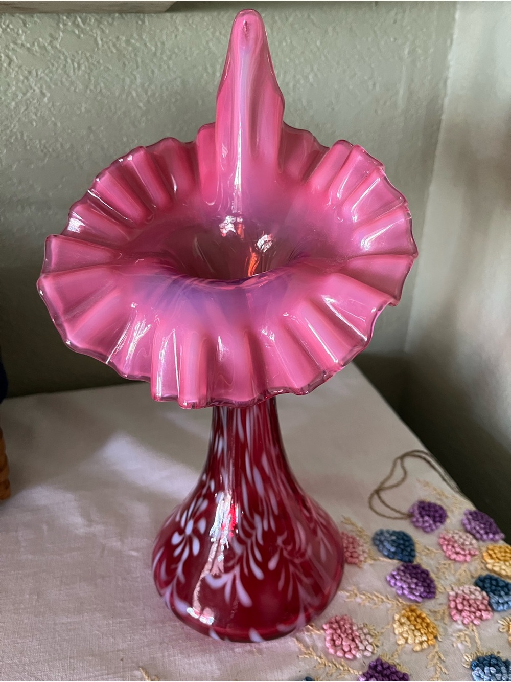 Fenton Cranberry Opalescent Daisy & Fern Jack in the Pulpit Vase